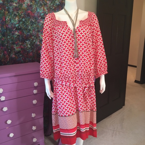 Old Navy Red Pink Grey Trellis Print Dress - Picture 6 of 8